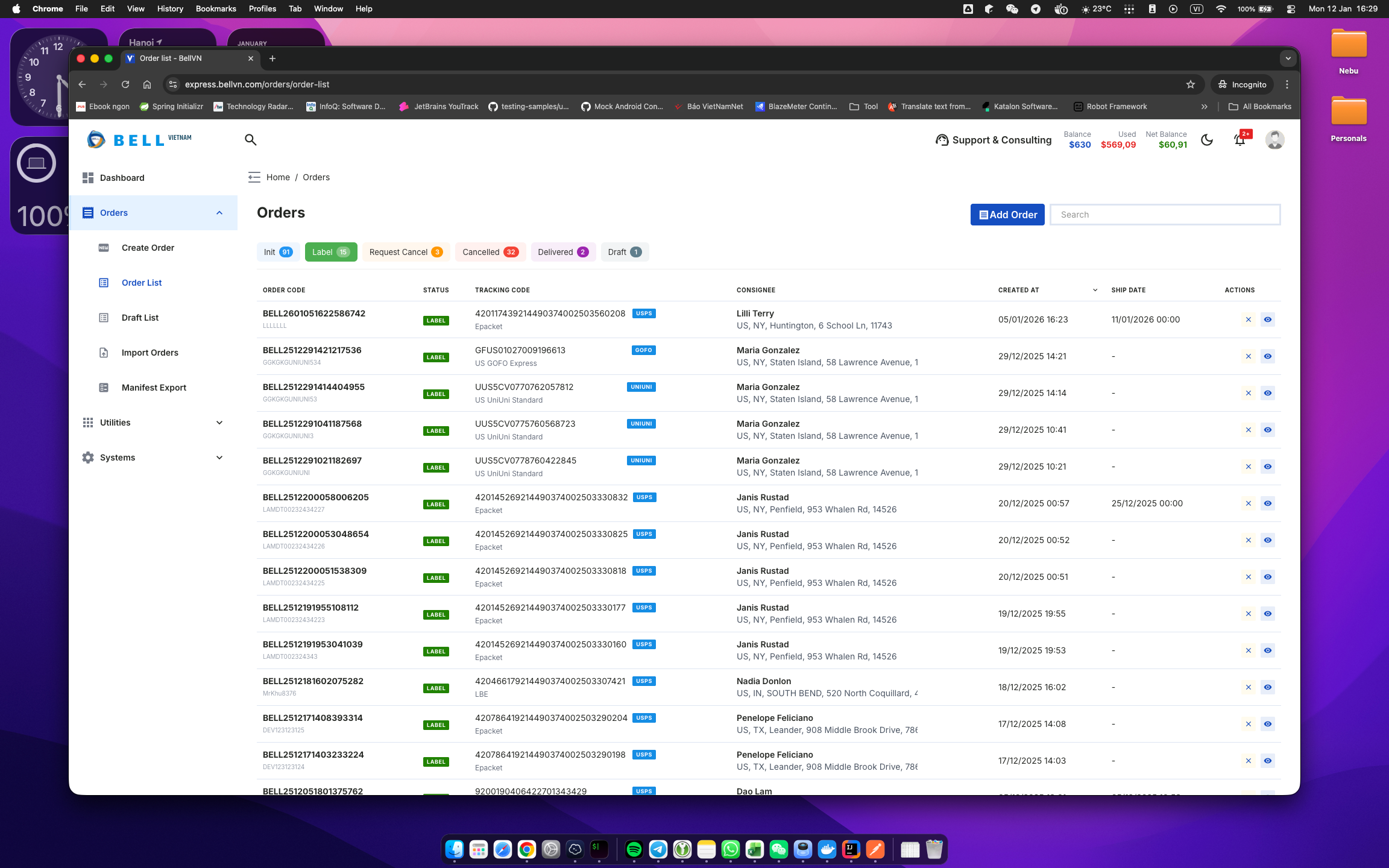 Danh sách đơn hàng